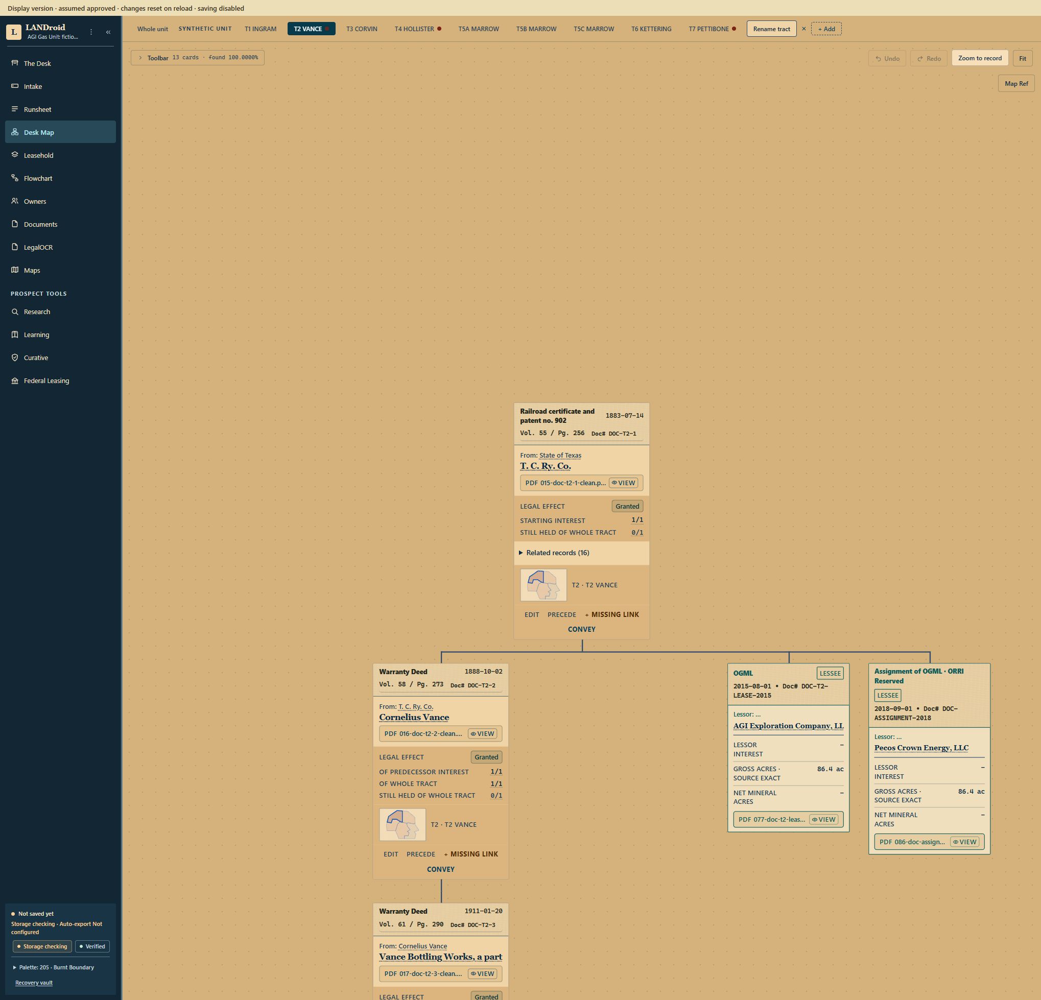 Actual synthetic LAND LOCR Desk Map: an 1883 patent connects to an 1888 deed, lease and assignment, with recording references and source links.